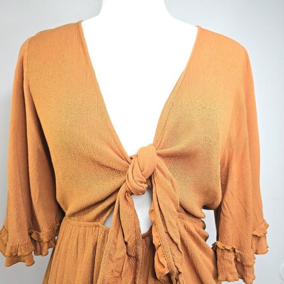HYFVE Rust Orange Brown Ruffle Bell Sleeve Front Knot Romper - Picture 3 of 9